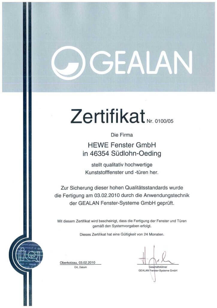 Hewe Zertifikat GEALAN 2010
