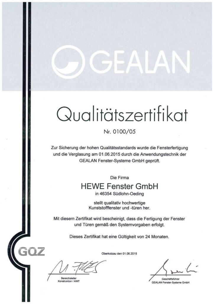 Hewe Zertifikat GEALAN 2015
